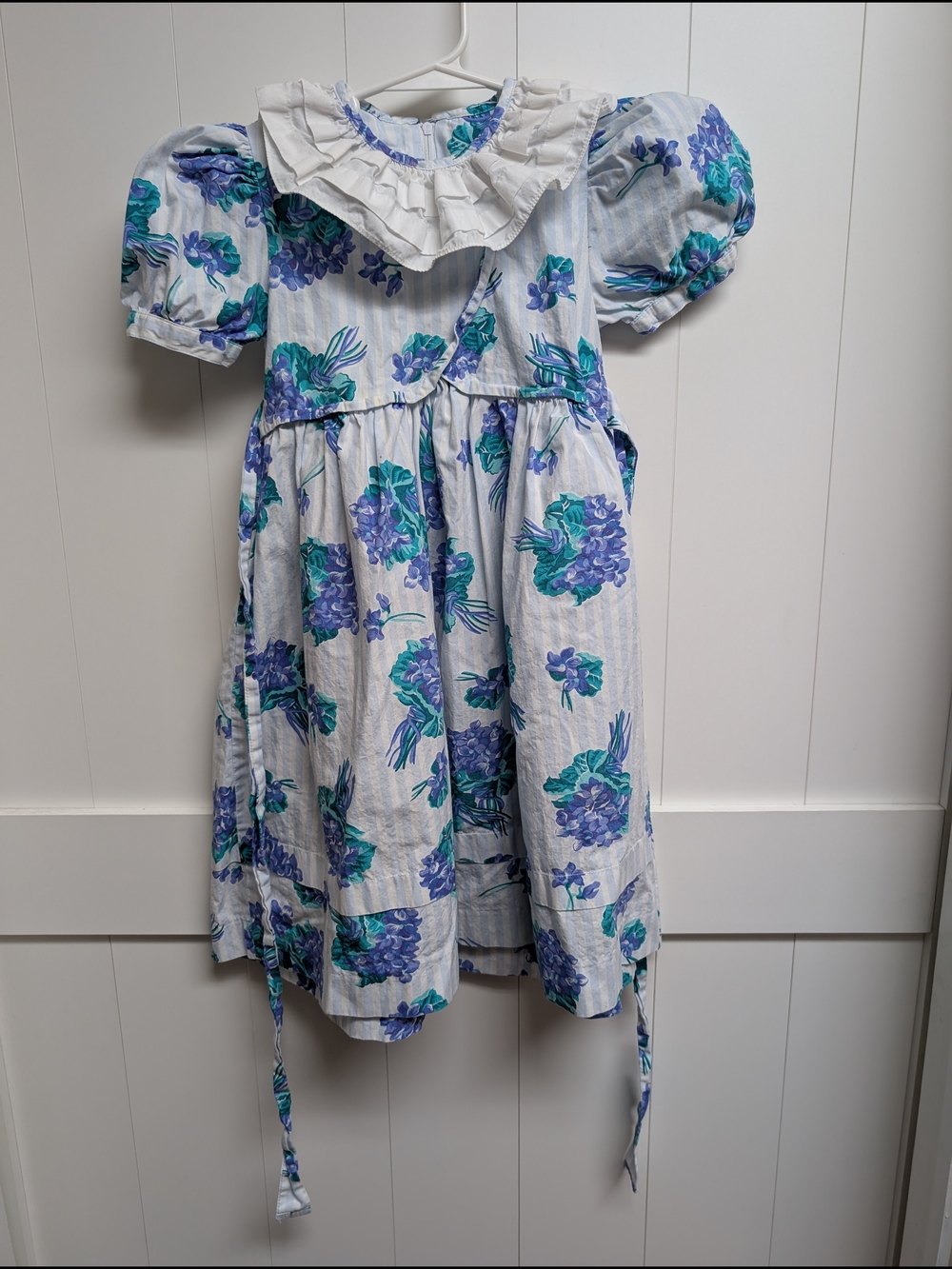 Girls Vintage Cary San Francisco Floral Puff-Sleeve Dress with Hydrangeas, sz 5